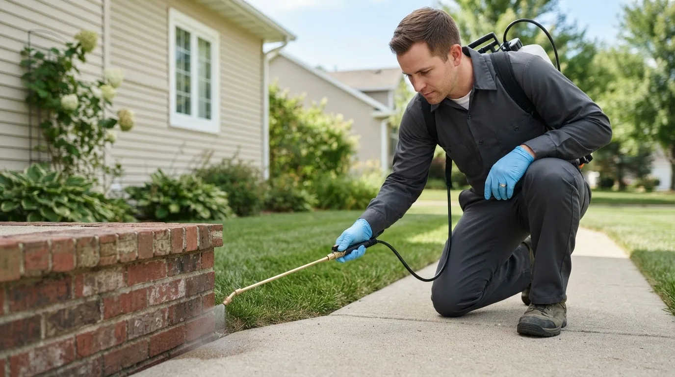 Pest control technician treating a home near Halsey, OR