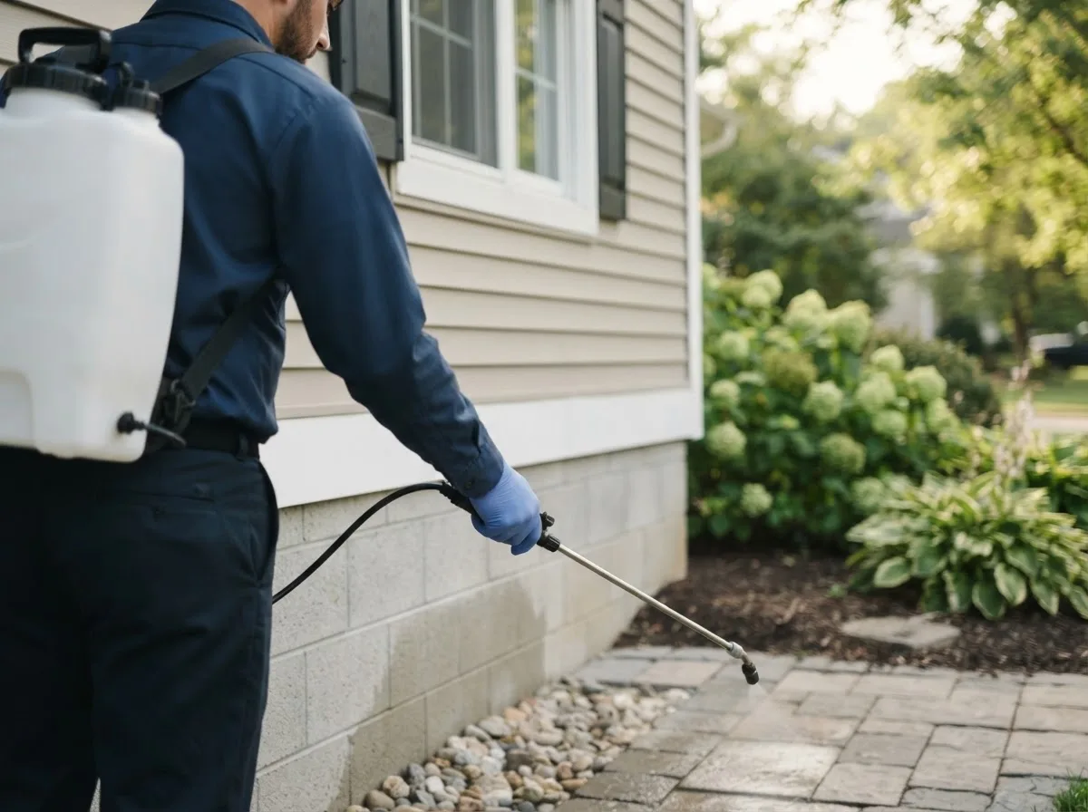 Pest control technician inspecting a home in Halsey, OR